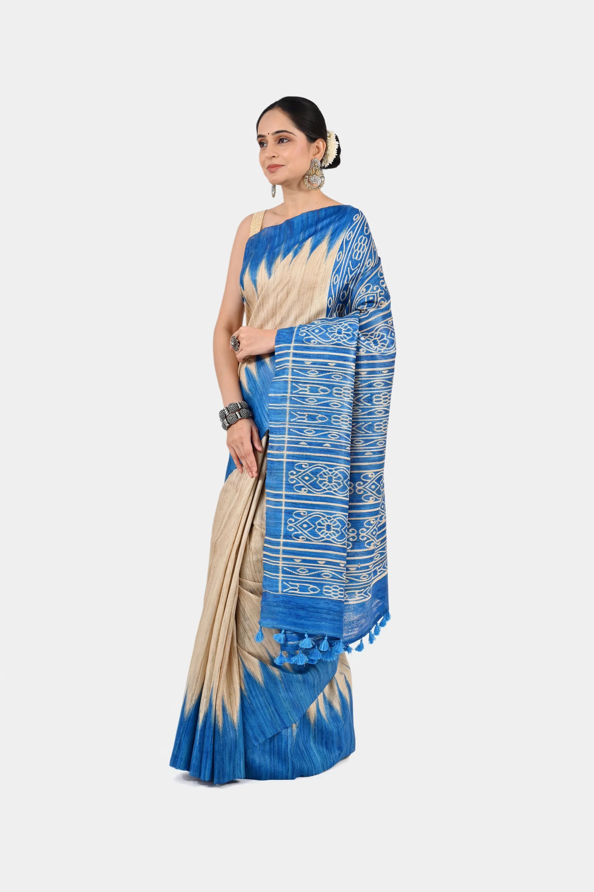 BEIGE & BLUE GHICHA SILK SAREE WITH IKAT PRINT - Hand - woven