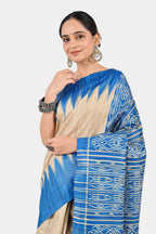 BEIGE & BLUE GHICHA SILK SAREE WITH IKAT PRINT - Hand - woven