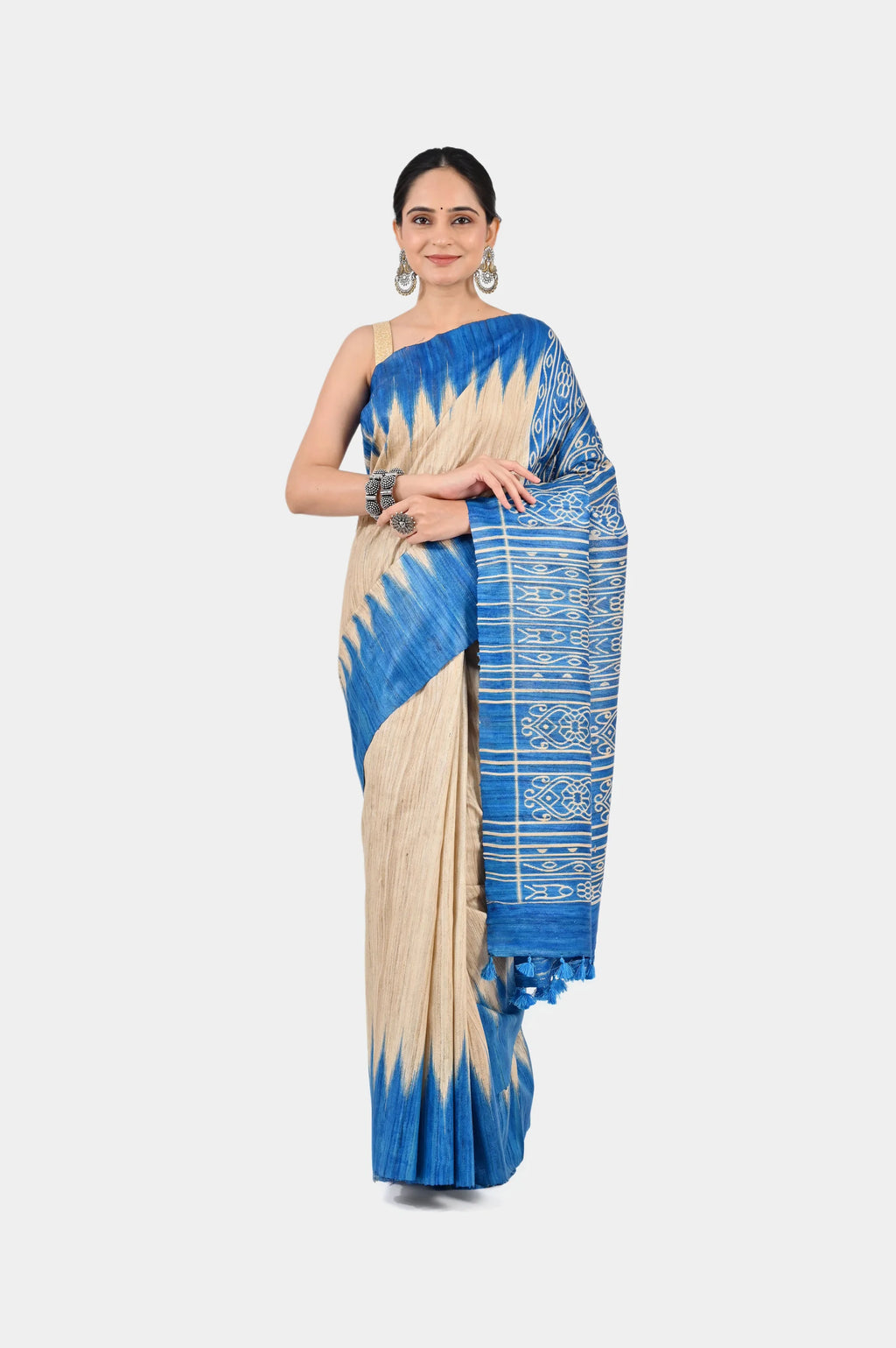 BEIGE & BLUE GHICHA SILK SAREE WITH IKAT PRINT - Hand - woven