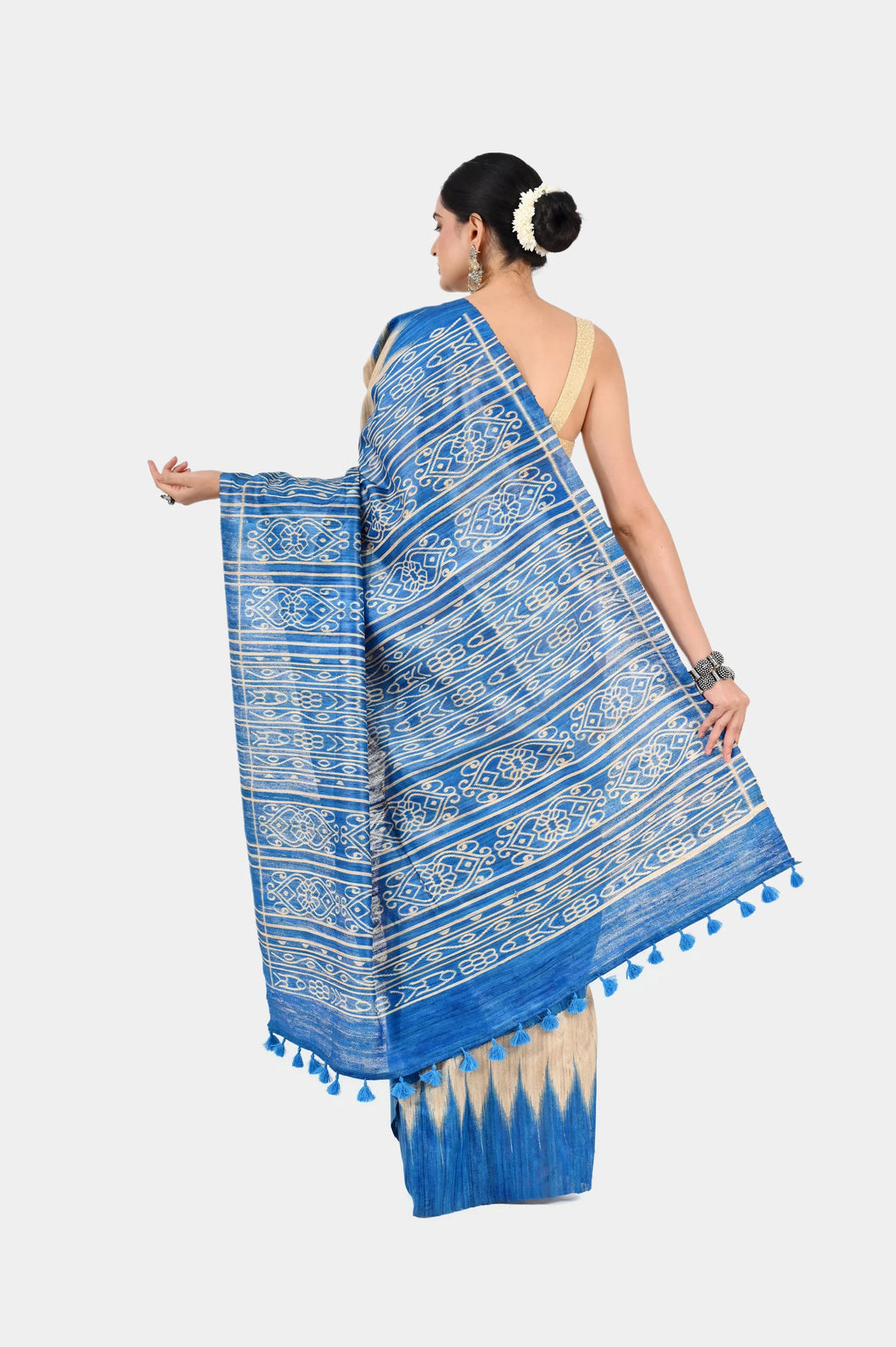BEIGE & BLUE GHICHA SILK SAREE WITH IKAT PRINT - Hand - woven