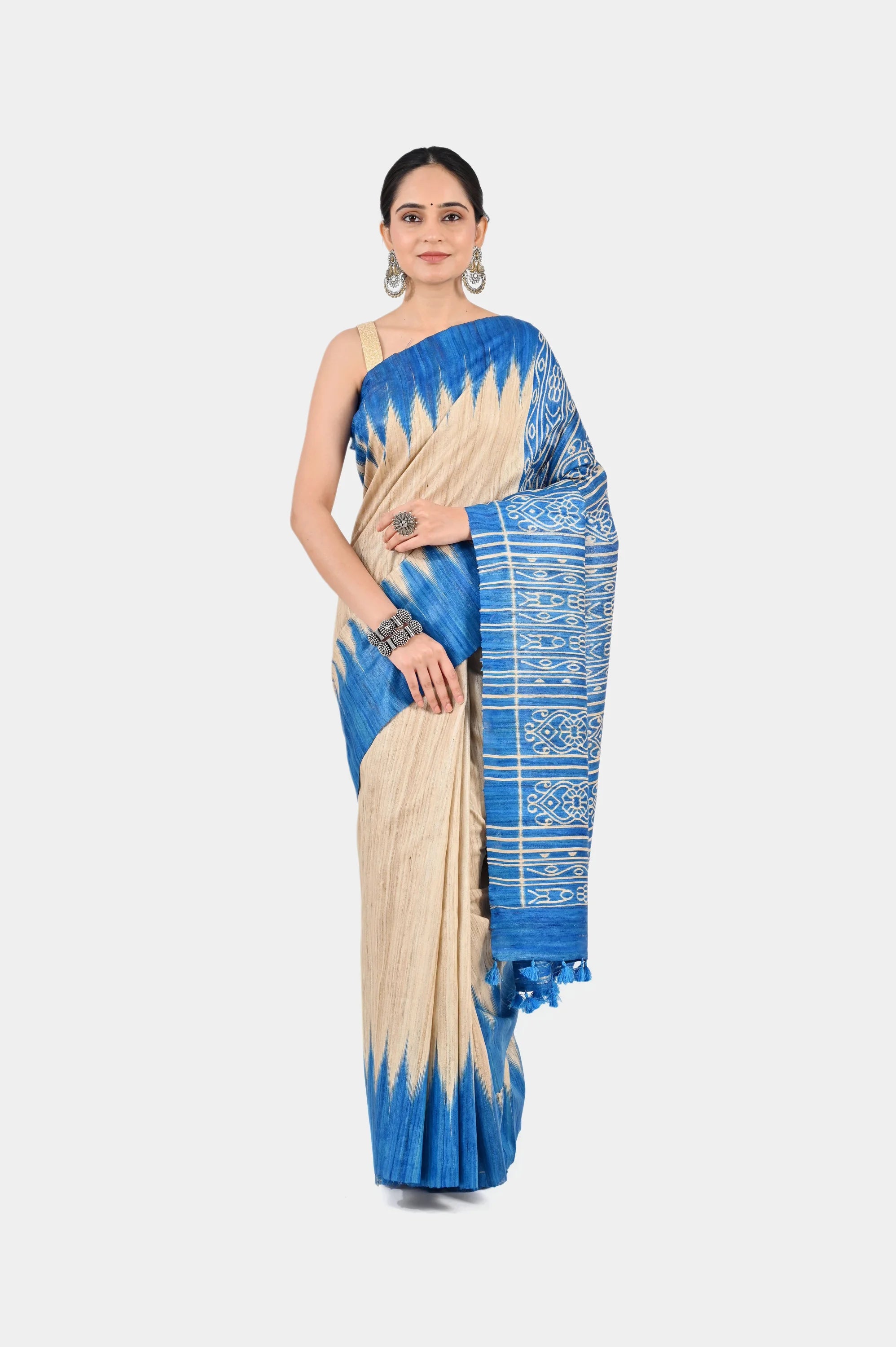 BEIGE & BLUE GHICHA SILK SAREE WITH IKAT PRINT - Hand - woven