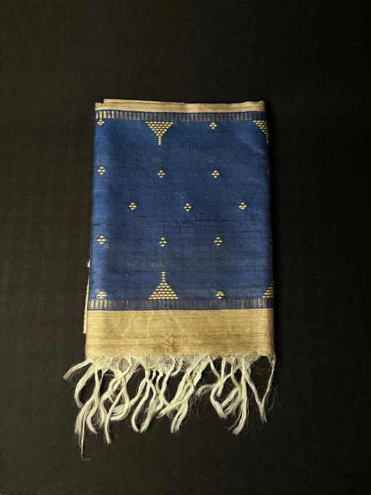 BEIGE INDIGO TUSSAR DUPATTA - Hand - woven