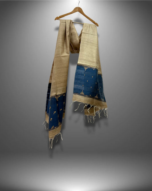 BEIGE INDIGO TUSSAR DUPATTA - Hand - woven