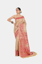 BEIGE MADHUBANI GHICHA SILK SAREE - Hand - Painted