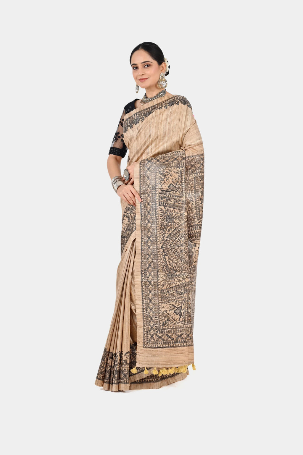 BEIGE TRIBAL GHICHA SILK SAREE - Hand - Painted