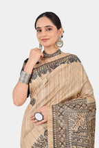 BEIGE TRIBAL GHICHA SILK SAREE - Hand - Painted