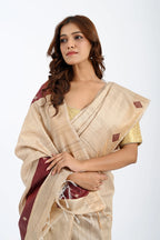 BEIGE TUSSAR SILK SAREE WITH GEOMETRIC PALLU - Hand - woven