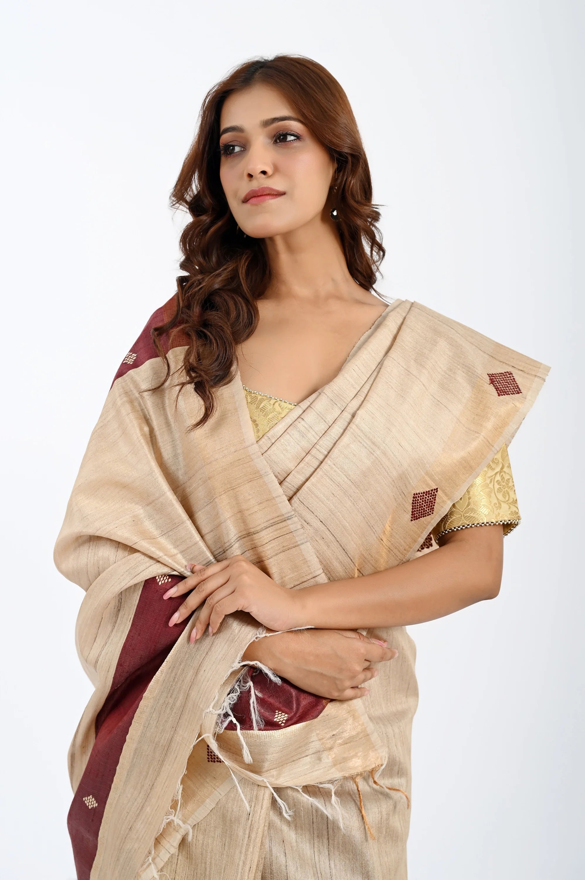 BEIGE TUSSAR SILK SAREE WITH GEOMETRIC PALLU - Hand - woven