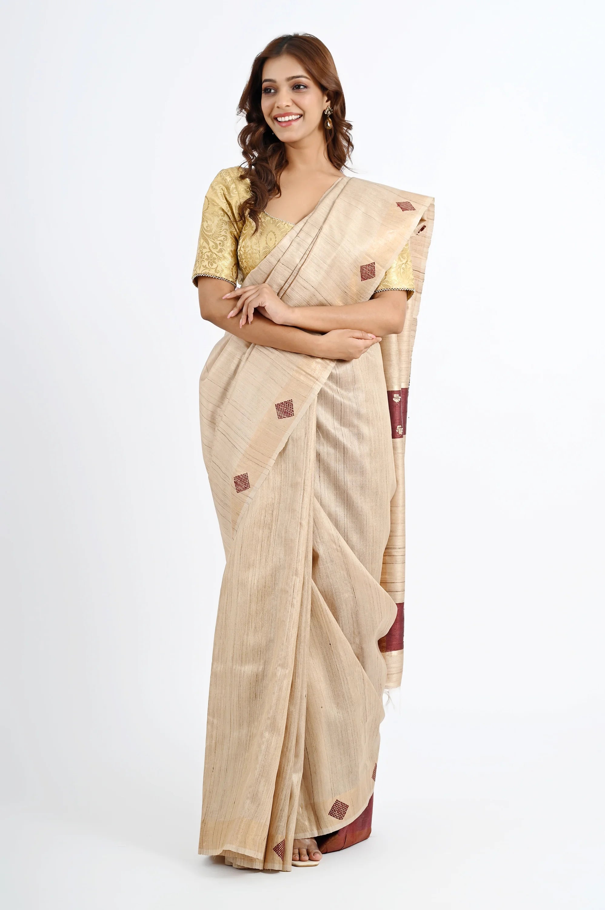 BEIGE TUSSAR SILK SAREE WITH GEOMETRIC PALLU - Hand - woven