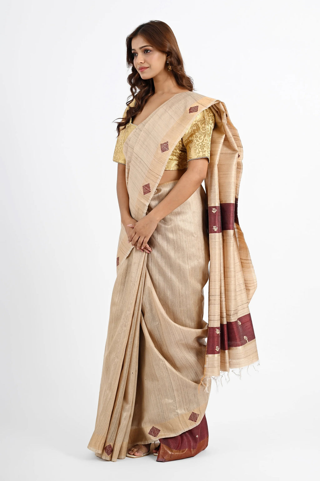 BEIGE TUSSAR SILK SAREE WITH GEOMETRIC PALLU - Hand - woven