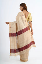BEIGE TUSSAR SILK SAREE WITH GEOMETRIC PALLU - Hand - woven