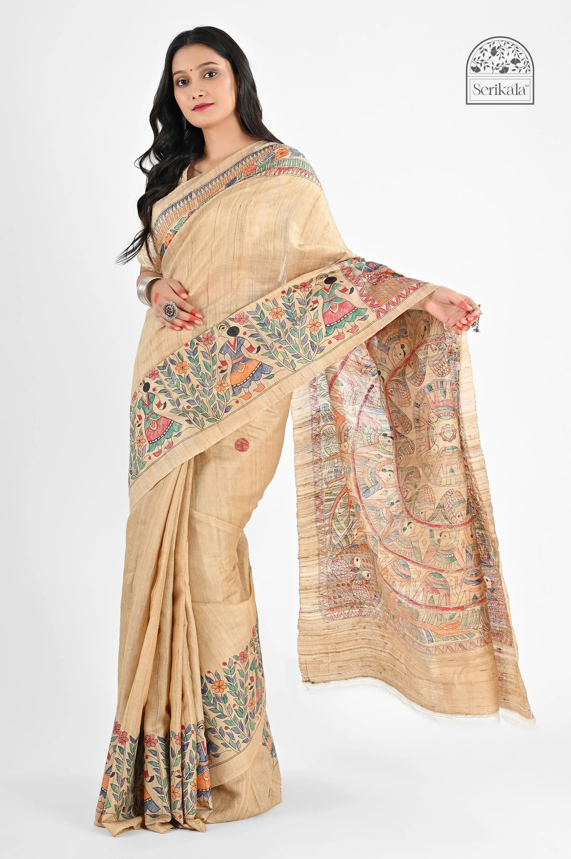 BEIGE TUSSAR SILK SAREE WITH MADHUBANI ART - Hand - Painted