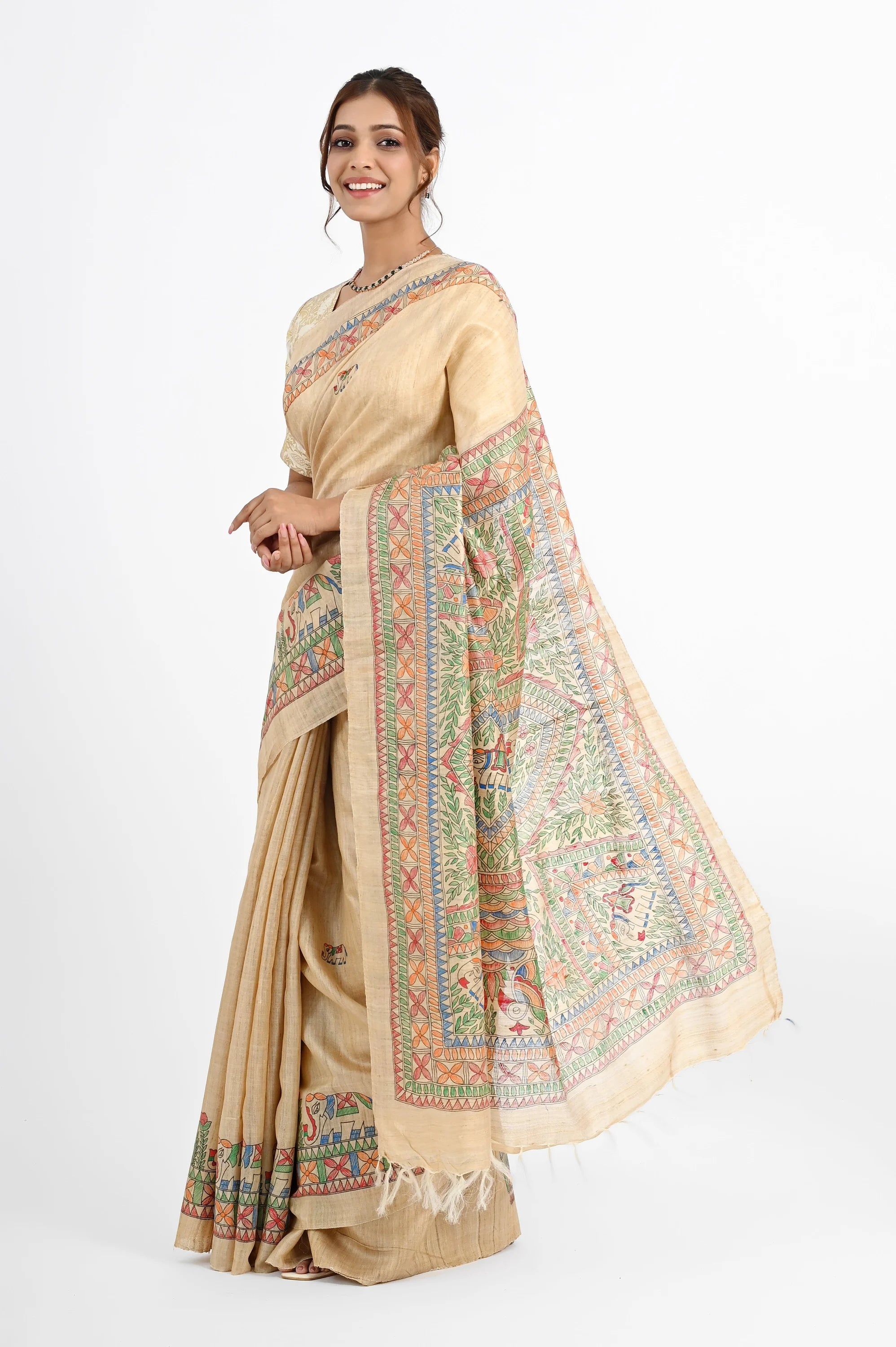 BEIGE TUSSAR SILK SAREE WITH MADHUBANI ART - Hand - Painted