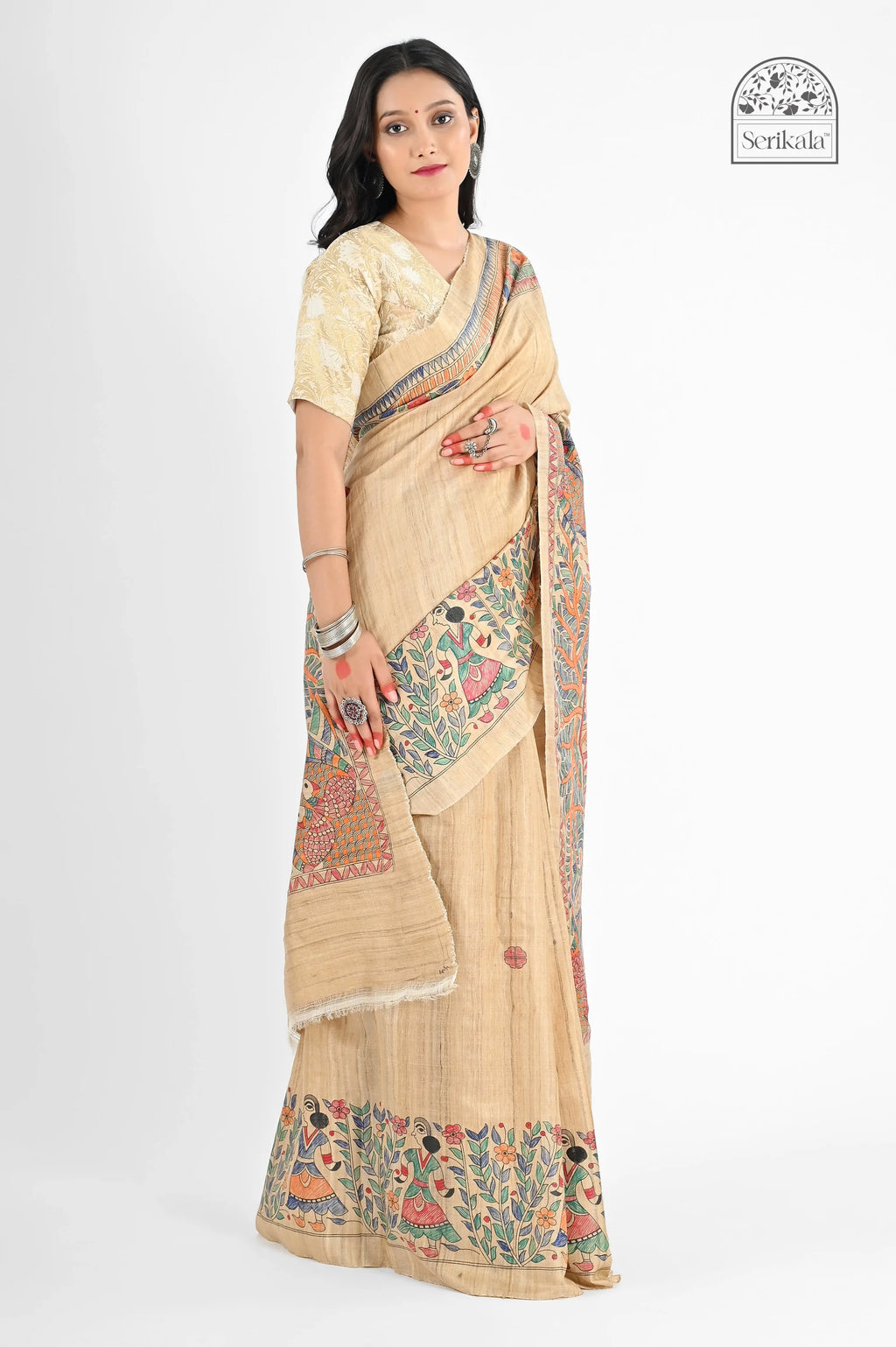 BEIGE TUSSAR SILK SAREE WITH MADHUBANI ART - Hand - Painted