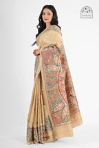 BEIGE TUSSAR SILK SAREE WITH MADHUBANI ART - Hand - Painted