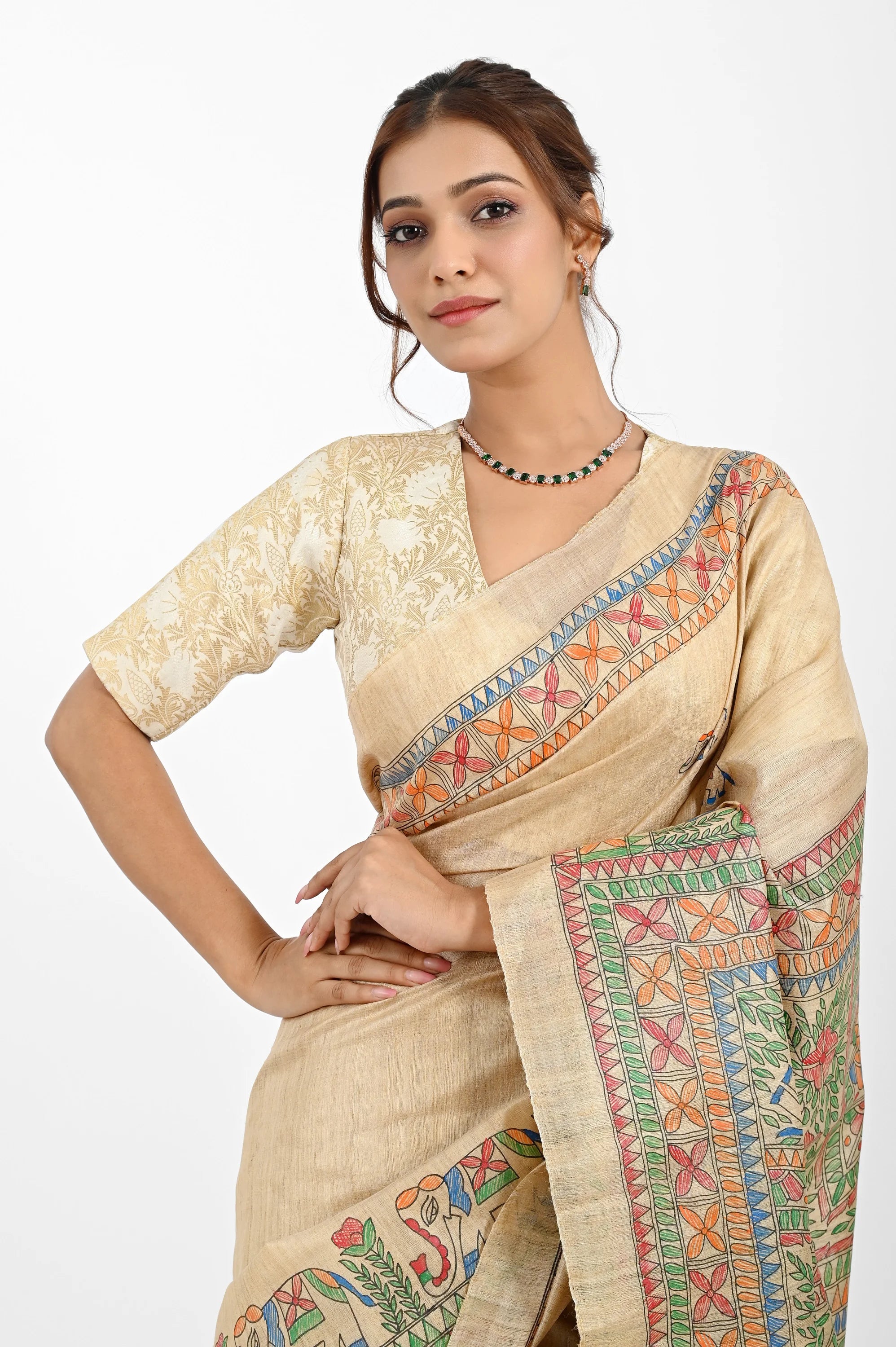 BEIGE TUSSAR SILK SAREE WITH MADHUBANI ART - Hand - Painted