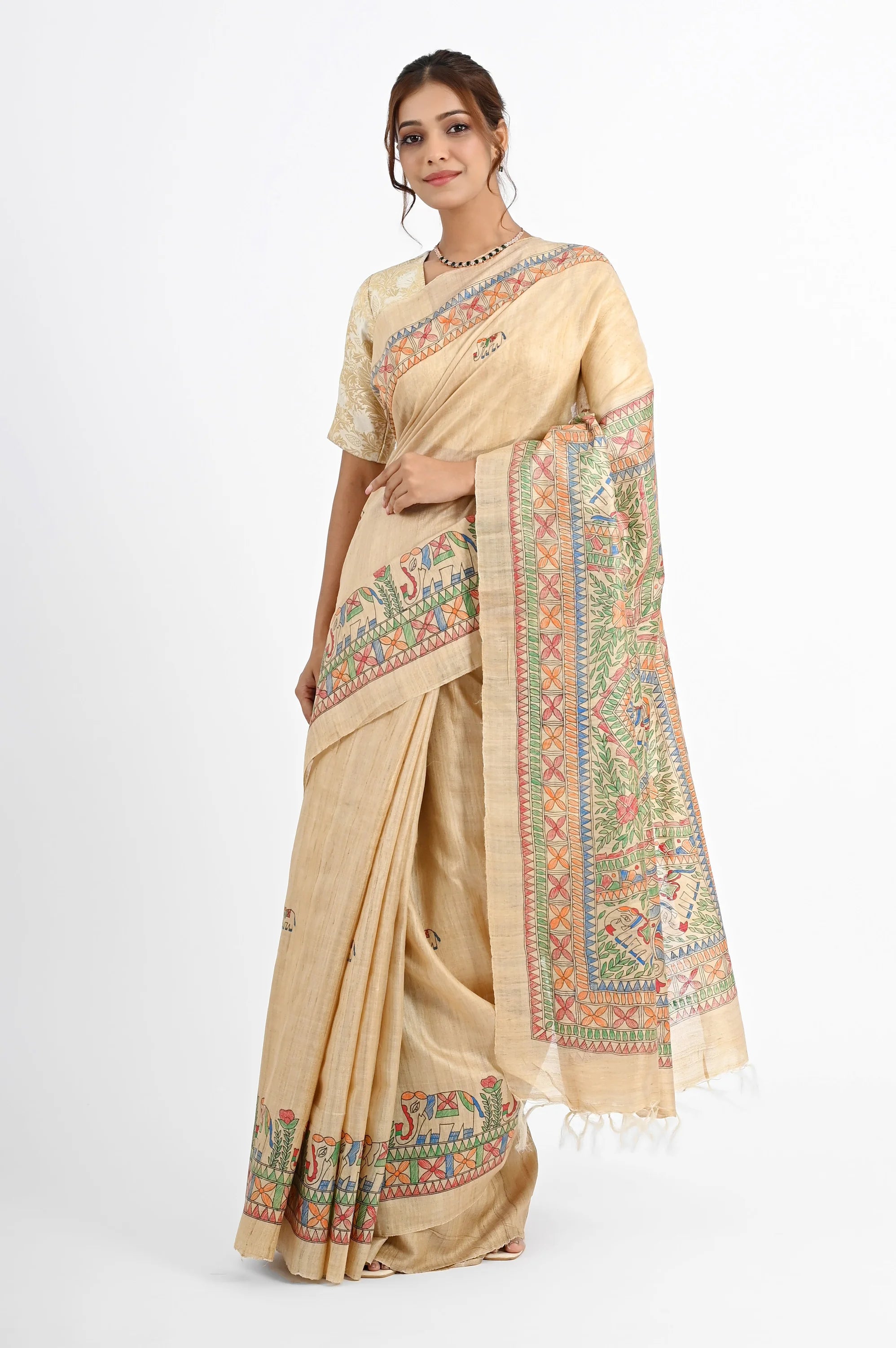 BEIGE TUSSAR SILK SAREE WITH MADHUBANI ART - Hand - Painted