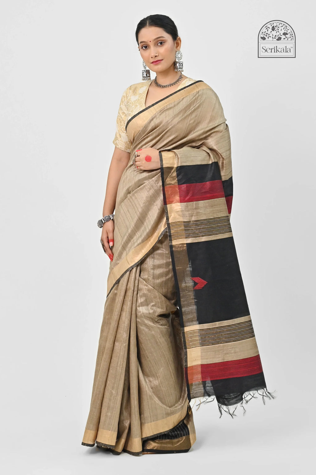 BEIGE TUSSAR SILK SAREE WITH STRIPED PALLU - Hand - woven