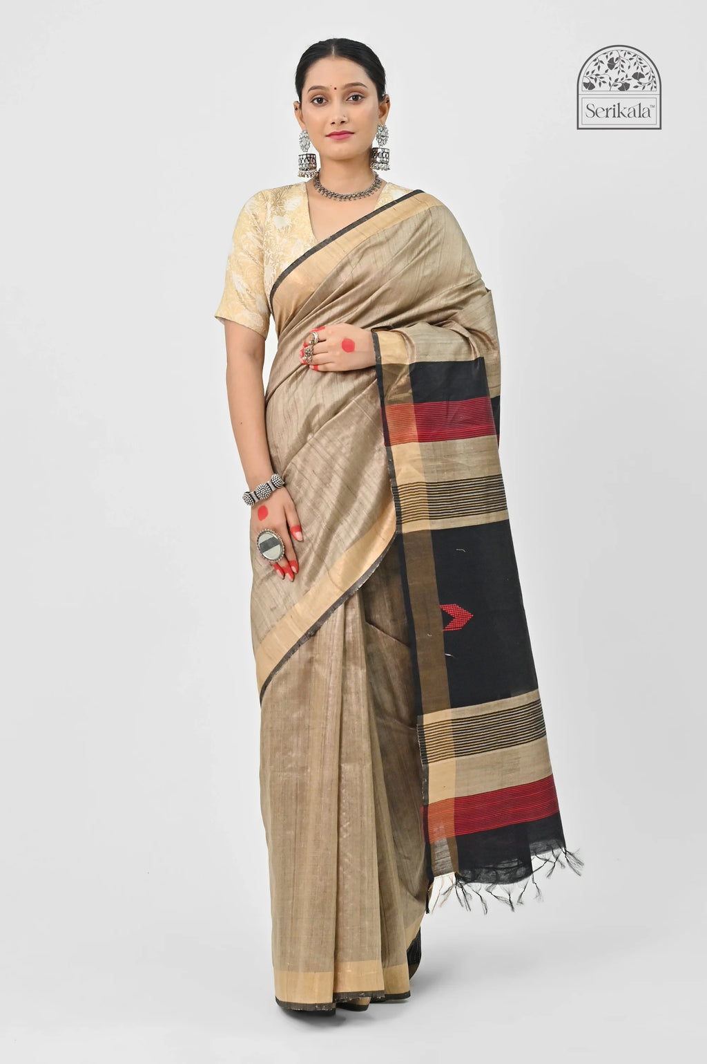 BEIGE TUSSAR SILK SAREE WITH STRIPED PALLU - Hand - woven