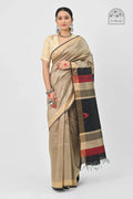 BEIGE TUSSAR SILK SAREE WITH STRIPED PALLU - Hand - woven