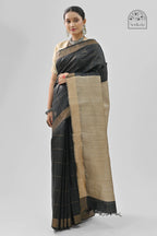 BLACK DUPION SILK SAREE WITH BEIGE PALLU - Hand - woven