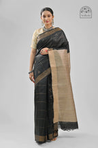 BLACK DUPION SILK SAREE WITH BEIGE PALLU - Hand - woven