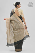 BLACK DUPION SILK SAREE WITH BEIGE PALLU - Hand - woven
