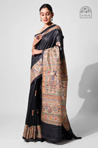 BLACK GHICHA SILK SAREE WITH MADHUBANI ART - Hand - Painted