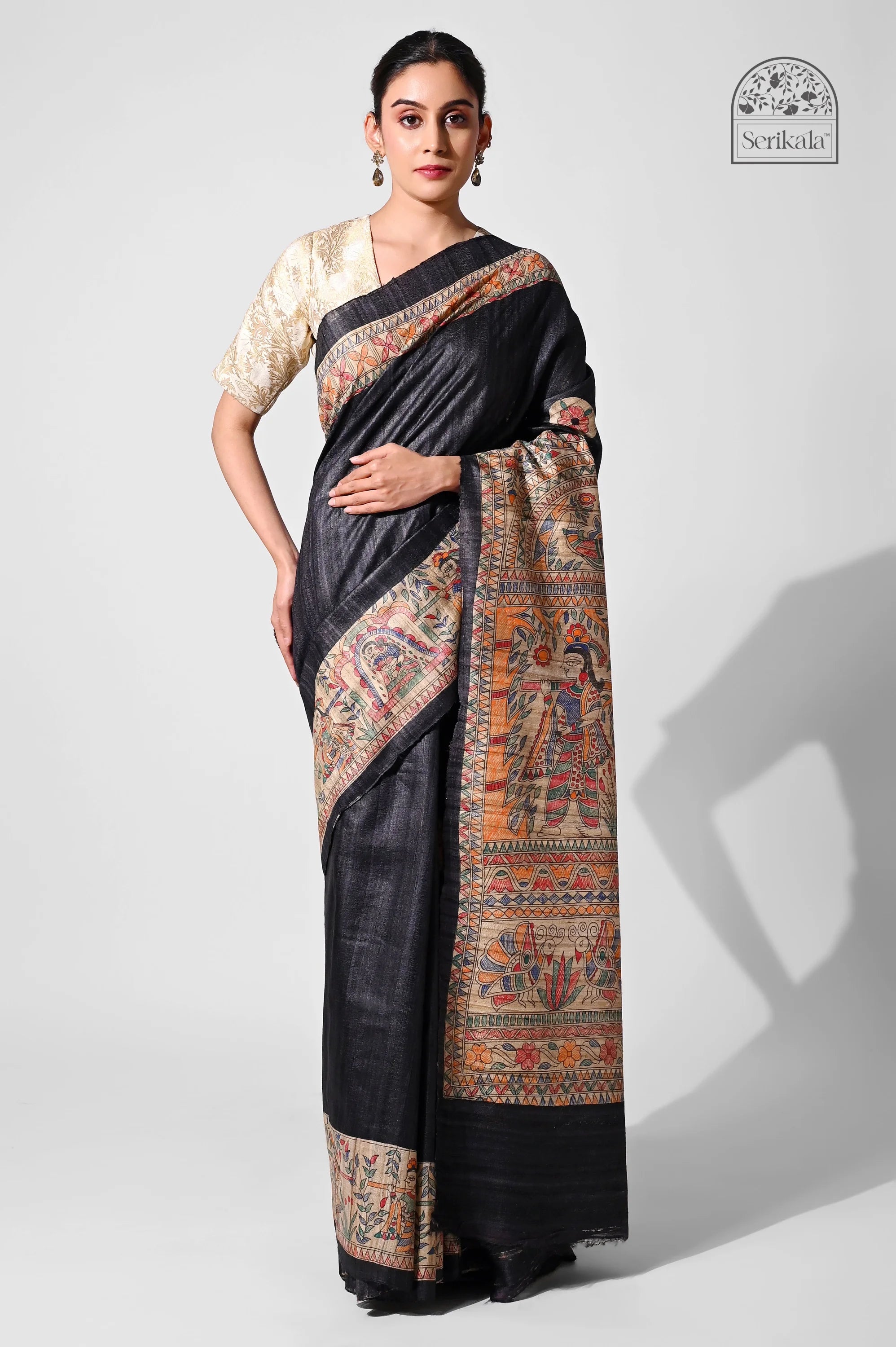 BLACK GHICHA SILK SAREE WITH MADHUBANI ART - Hand - Painted