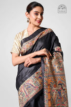BLACK GHICHA SILK SAREE WITH MADHUBANI ART - Hand - Painted