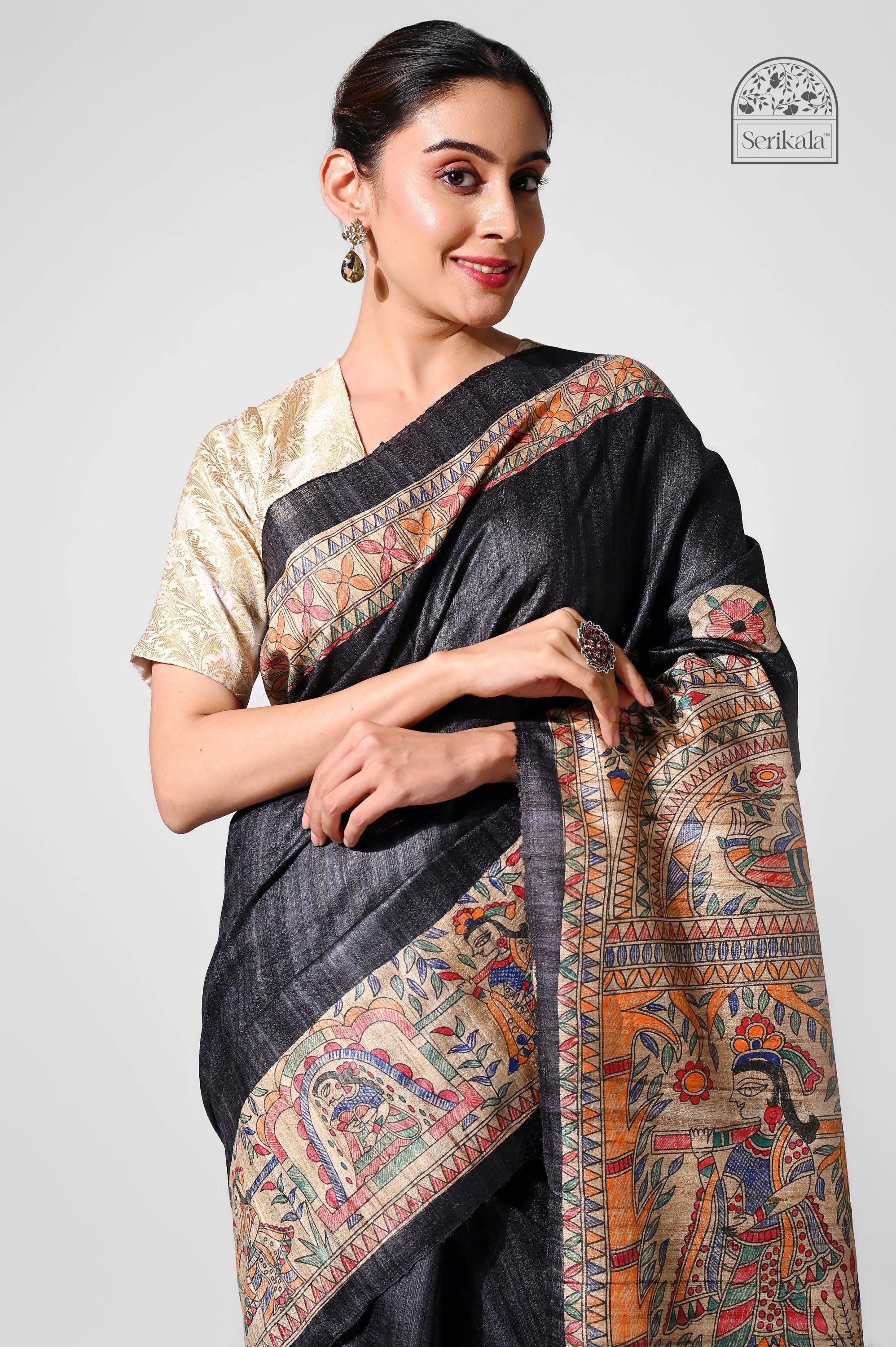 BLACK GHICHA SILK SAREE WITH MADHUBANI ART - Hand - Painted