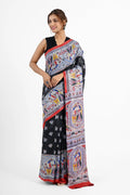 BLACK GHICHA SILK SAREE WITH MADHUBANI PRINT - Screen Print