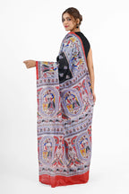 BLACK GHICHA SILK SAREE WITH MADHUBANI PRINT - Screen Print