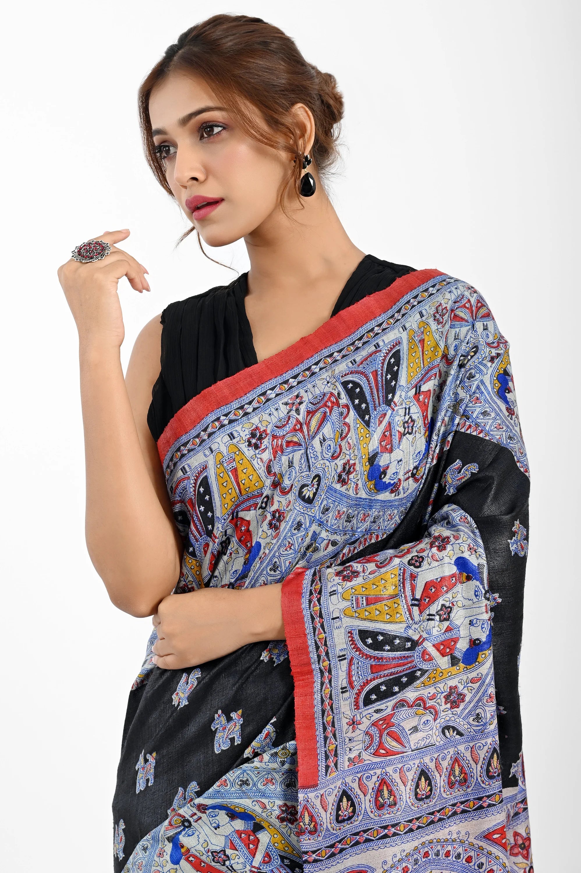 BLACK GHICHA SILK SAREE WITH MADHUBANI PRINT - Screen Print