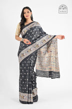 BLACK MADHUBANI GHICHA SILK SAREE - Screen Print