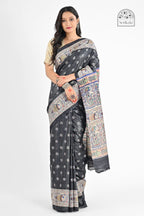 BLACK MADHUBANI GHICHA SILK SAREE - Screen Print
