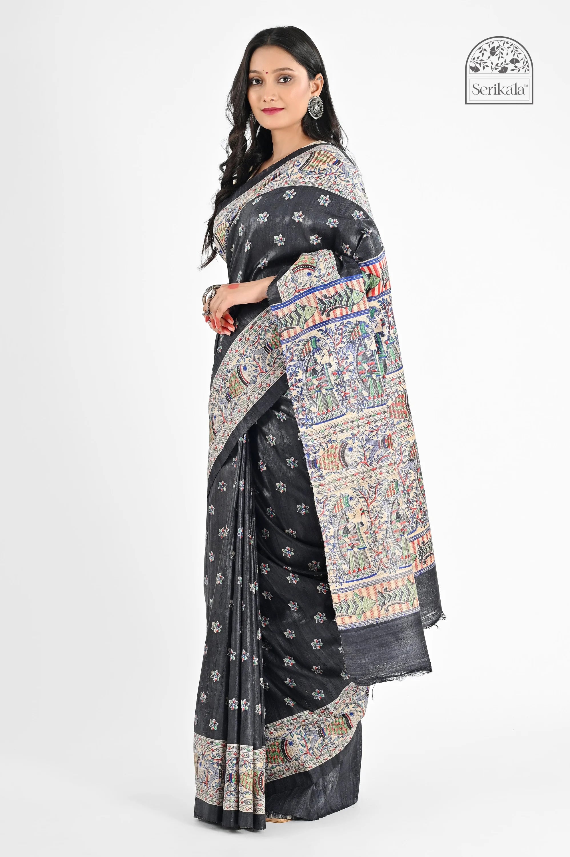 BLACK MADHUBANI GHICHA SILK SAREE - Screen Print