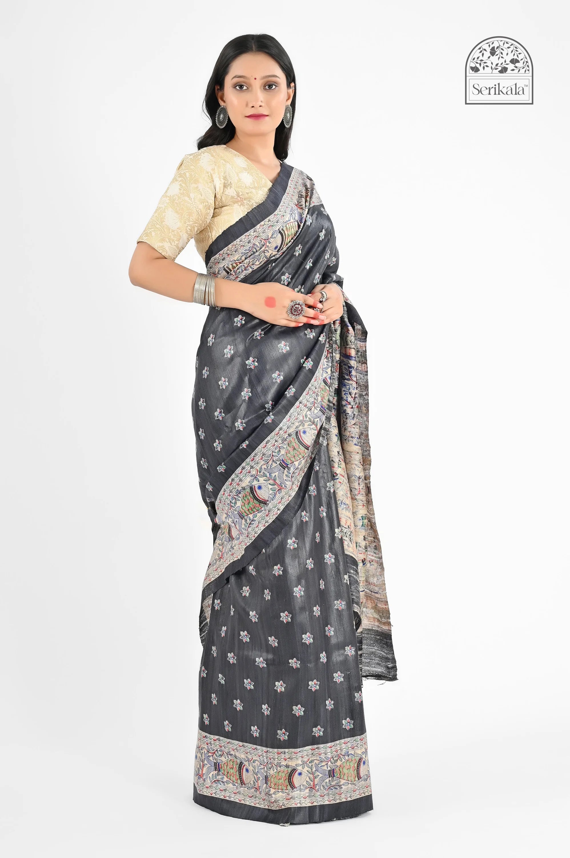BLACK MADHUBANI GHICHA SILK SAREE - Screen Print