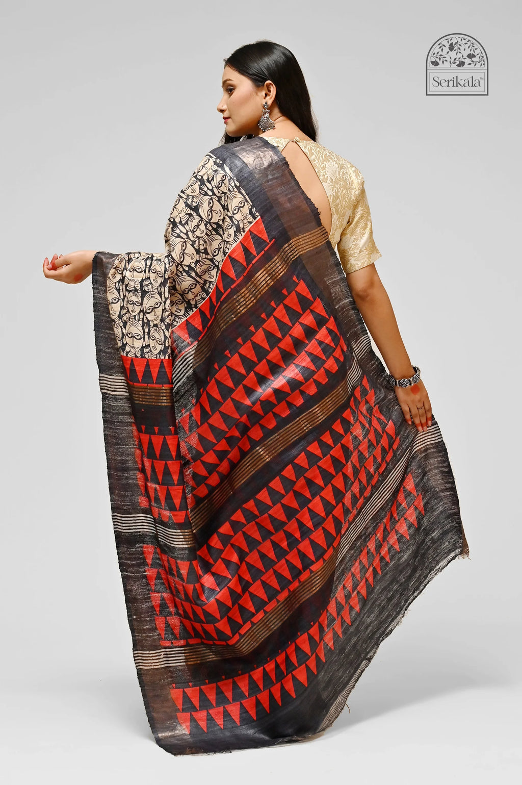 BLACK RED PRINTED GHICHA SILK SAREE - Hand - woven