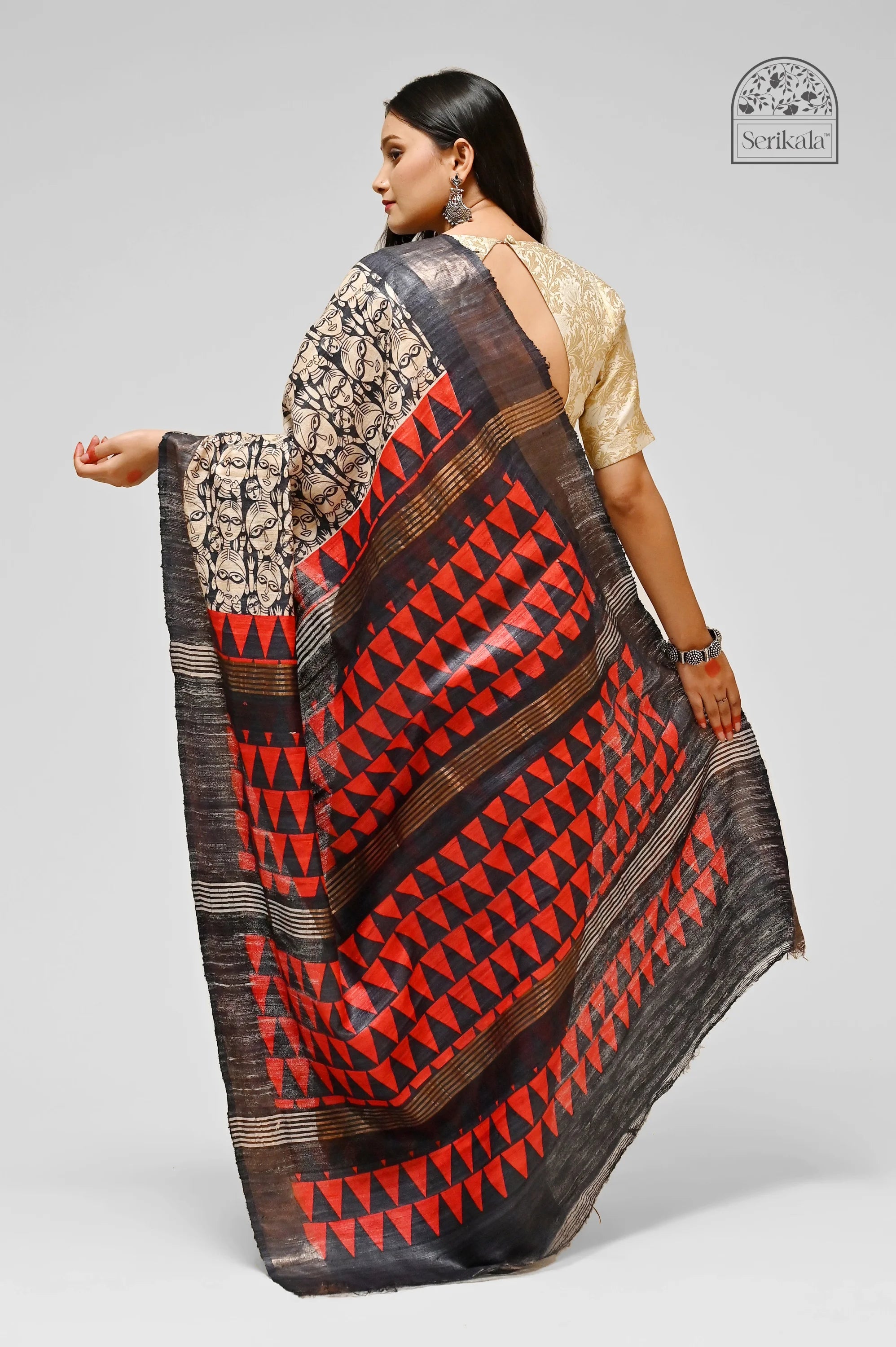 BLACK RED PRINTED GHICHA SILK SAREE - Hand - woven