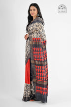 BLACK RED PRINTED GHICHA SILK SAREE - Hand - woven