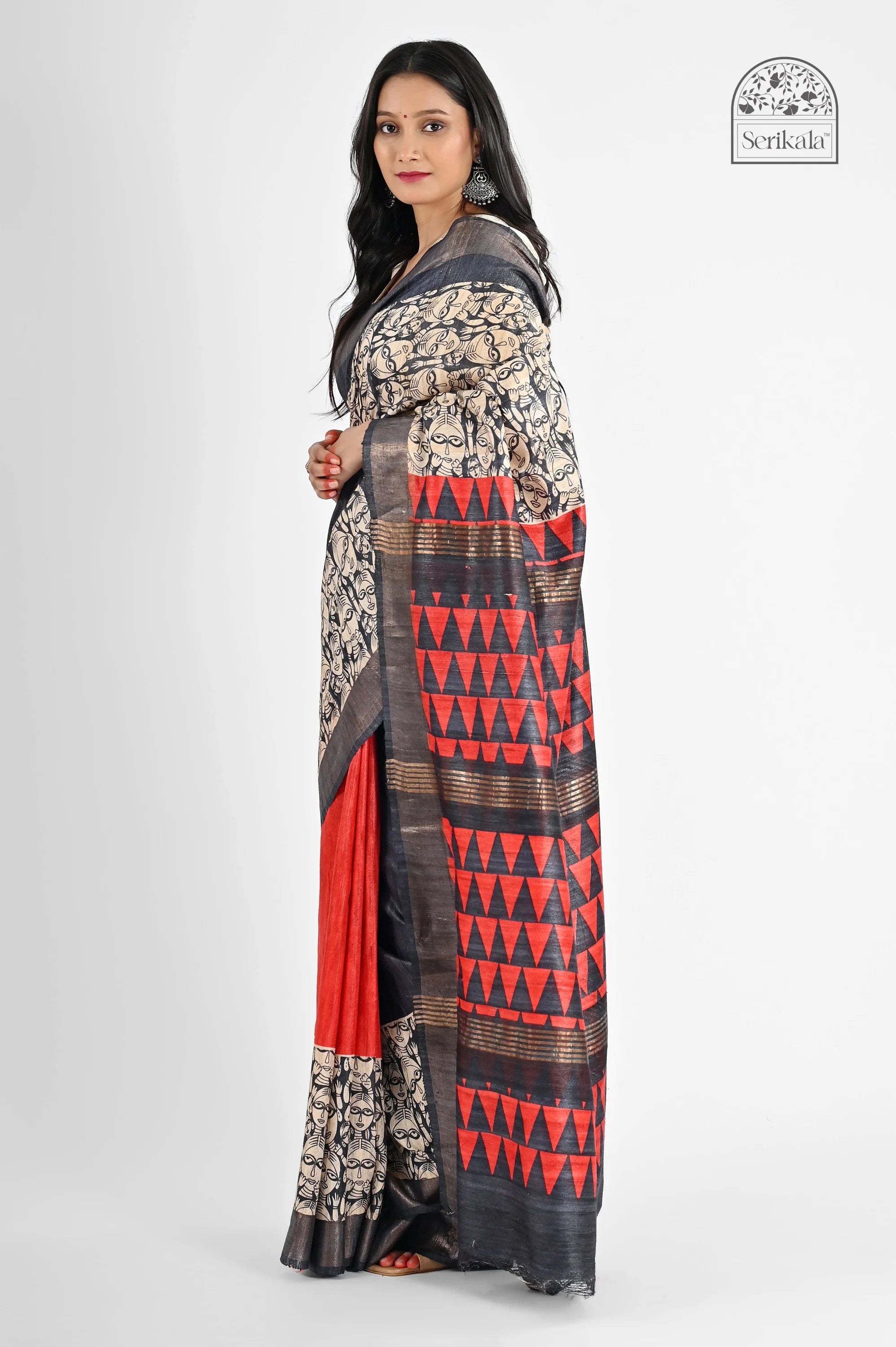 BLACK RED PRINTED GHICHA SILK SAREE - Hand - woven
