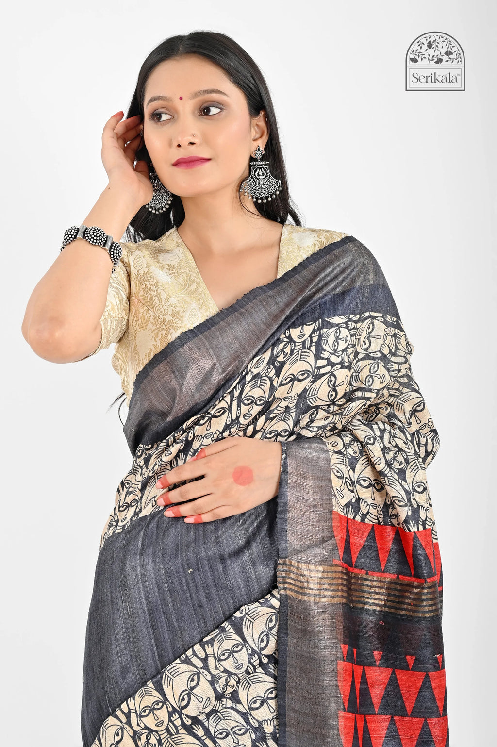 BLACK RED PRINTED GHICHA SILK SAREE - Hand - woven