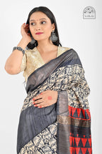 BLACK RED PRINTED GHICHA SILK SAREE - Hand - woven