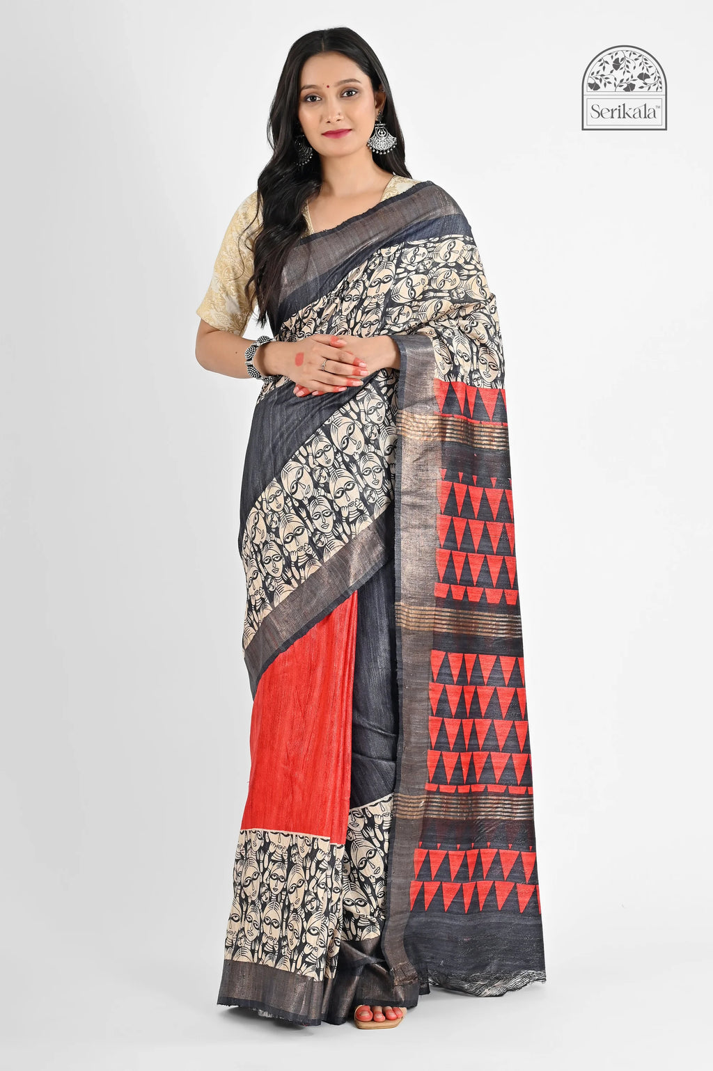BLACK RED PRINTED GHICHA SILK SAREE - Hand - woven