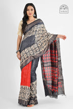 BLACK RED PRINTED GHICHA SILK SAREE - Hand - woven