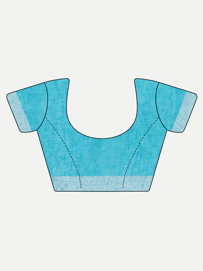 Vibrant Turquoise Blue Linen Saree with Floral Embroidery