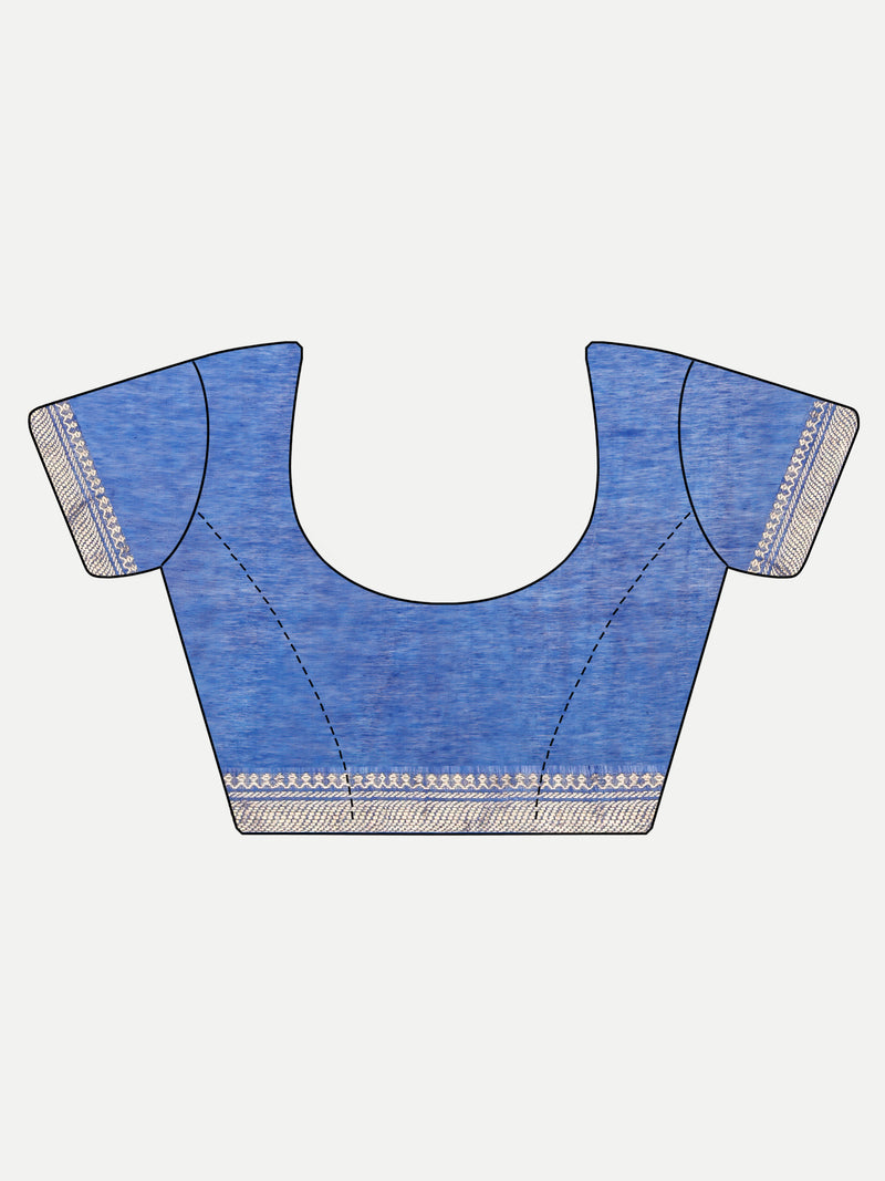 Exquisite Royal Blue Linen Saree with Pink Floral Embroidery