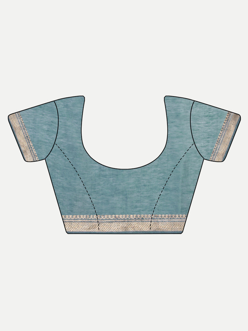Elegant Dusty Teal Tussar Linen Saree with Floral Embroidery