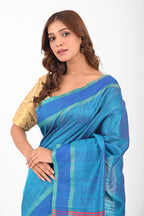 BLUE DUPION SILK SAREE WITH RED AANCHAL - Hand - woven